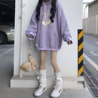 Japanese Kawaii Purple Cartoon Printed Loose Hoodie - Thumbnail 3