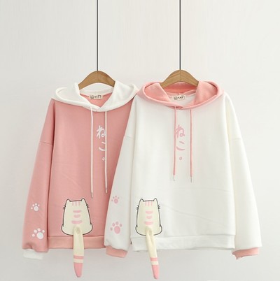 Japanese Kawaii Cat Winter Fleece Sweatshirt Casual Loose Long Sleeve Hoodies