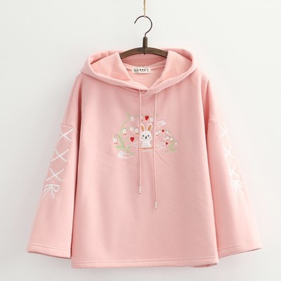 Rabbit embroidery fleece thick women hoodies 