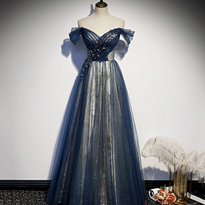 High quality a line tulle long prom dress blue evening dress - Thumbnail 4