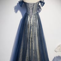High quality A line tulle long prom dress blue evening dress - Thumbnail 2