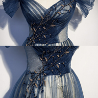 High quality A line tulle long prom dress blue evening dress - Thumbnail 3
