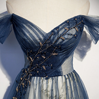 High quality A line tulle long prom dress blue evening dress - Thumbnail 4