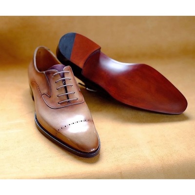 Handmade men's brown brogue lace up dress shoes, real leather office shoes