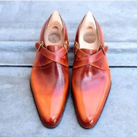 Handmade Men Tan Double Monk Strap Round Toe Dress Shoes, Real Leather Shoe - Thumbnail 4