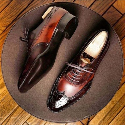 Handmade men wing tip brogue lace up square toe dress shoes, real leather