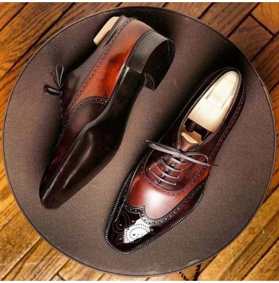 Handmade Men Wing Tip Brogue Lace up Square Toe Dress Shoes, Real Leather