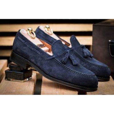 Handmade men blue tassels moccasin dress shoes, real suede office shoes