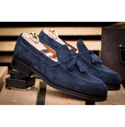 Handmade Men Blue Tassels Moccasin Dress Shoes, Real Suede Office Shoes