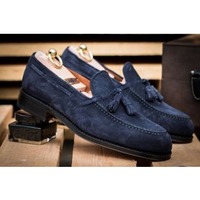Handmade Men Blue Tassels Moccasin Dress Shoes, Real Suede Office Shoes - Thumbnail 1