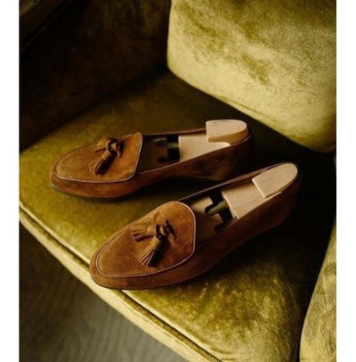 Handmade Men Brown Round Toe Tassels Loafer Dress Shoes, Real Suede Shoes