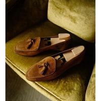 Handmade Men Brown Round Toe Tassels Loafer Dress Shoes, Real Suede Shoes - Thumbnail 4
