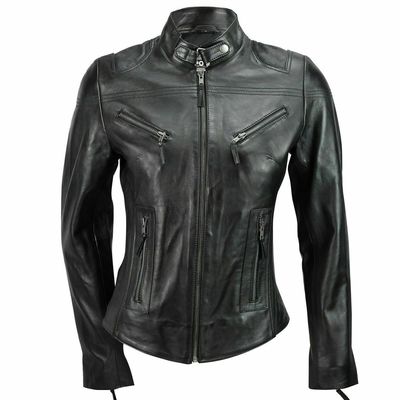 Ladies genuine leather jacket biker slim fit women coat motorcycle black