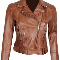 Women Genuine Lambskin Real Leather Jacket Premium Brown Belted Biker Coat - Thumbnail 4