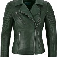 NEW Women Lambskin Real Leather Jacket Biker Motorcycle Stylish Dark Green Coat - Thumbnail 4