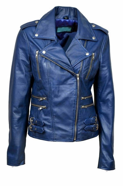 Women's Authentic Lambskin Leather Blue Jacket Slim fit Motorcycle Biker Stylish