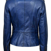 Women's Authentic Lambskin Leather Blue Jacket Slim fit Motorcycle Biker Stylish - Thumbnail 1