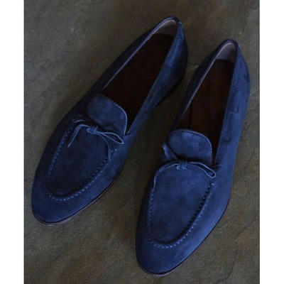 Handmade men blue round toe tassels moccasin dress business suede shoes
