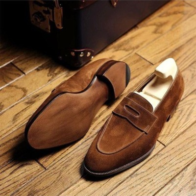 Handmade men brown moccasin dress shoes, real suede office shoes