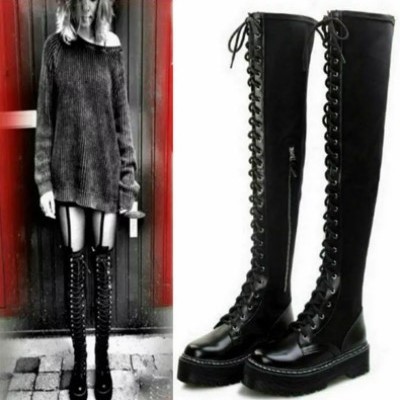Gothic black lace up over the knee women's fashion boots