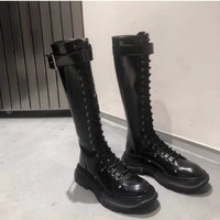 Leather Lace up Black Buckle Design Gothic Knee High Boots - Thumbnail 2