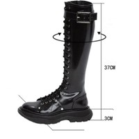Leather Lace up Black Buckle Design Gothic Knee High Boots - Thumbnail 9