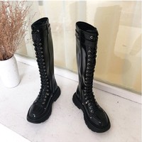 Leather Lace up Black Buckle Design Gothic Knee High Boots - Thumbnail 3