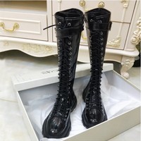 Leather Lace up Black Buckle Design Gothic Knee High Boots - Thumbnail 4