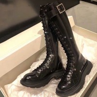 Leather Lace up Black Buckle Design Gothic Knee High Boots - Thumbnail 6