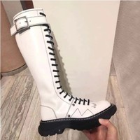 Leather Lace up Black Buckle Design Gothic Knee High Boots - Thumbnail 7