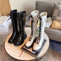 Leather Lace up Black Buckle Design Gothic Knee High Boots - Thumbnail 8