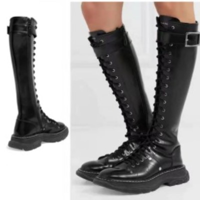 Leather lace up black buckle design gothic knee high boots - Thumbnail 3