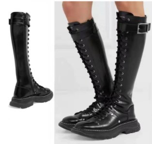 Leather Lace up Black Buckle Design Gothic Knee High Boots