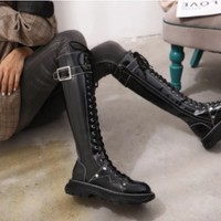 Leather Lace up Black Buckle Design Gothic Knee High Boots - Thumbnail 1