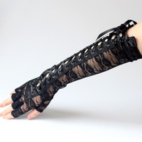 Sexy Black Gothic Lace up Gloves - Thumbnail 1
