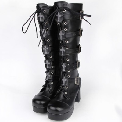 Gothic harajuku black cross design platform high heels leather boots - Thumbnail 4