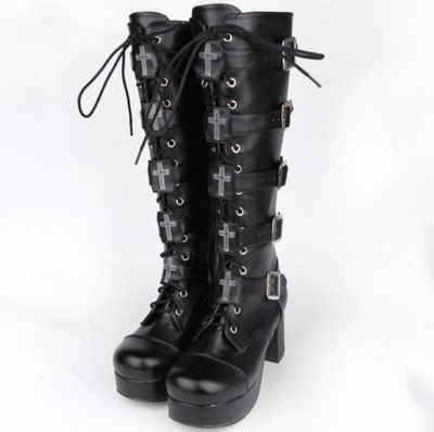 Gothic Harajuku Black Cross Design Platform High Heels Leather Boots