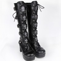 Gothic Harajuku Black Cross Design Platform High Heels Leather Boots - Thumbnail 1