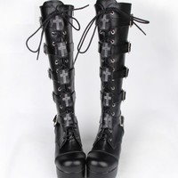 Gothic Harajuku Black Cross Design Platform High Heels Leather Boots - Thumbnail 2