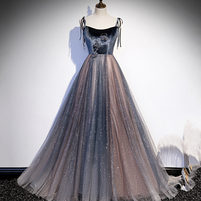 Blue tulle sequins long prom dress evening dress - Thumbnail 4