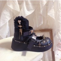 Black  Round Toe Platform Cut Out Gothic Punk Shoes - Thumbnail 4
