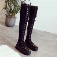 Black Side Zip Lace up Platform Boots - Thumbnail 6