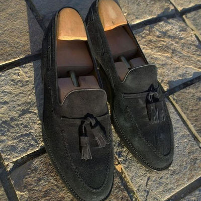 Men's new black tassels loafer handmade suede shoes