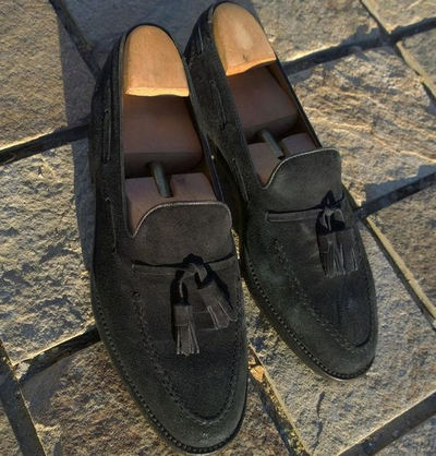Men's New Black Tassels Loafer Handmade Suede Shoes