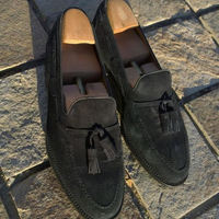 Men's New Black Tassels Loafer Handmade Suede Shoes - Thumbnail 1