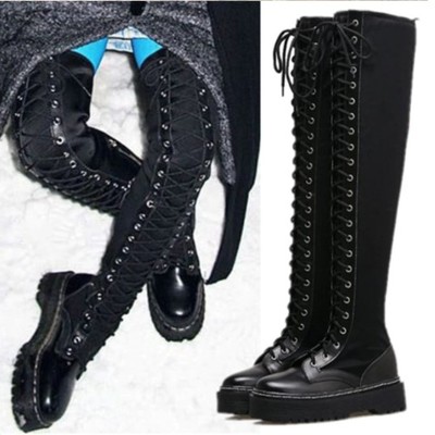 Thigh high oxford gothic punk lace up black platform boots - Thumbnail 2