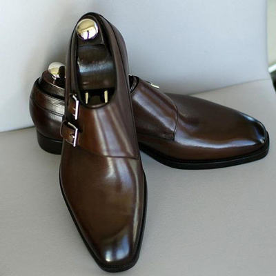 Men's chocolate brown cap toe handmade double monk strap genuine leather office shoes - Thumbnail 4
