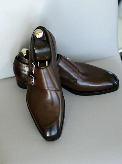 Men's Chocolate Brown Cap Toe Handmade Double Monk Strap Genuine Leather Office Shoes