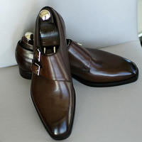 Men's Chocolate Brown Cap Toe Handmade Double Monk Strap Genuine Leather Office Shoes - Thumbnail 1