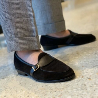 Handmade mens black velvet casual shoes, men penny loafers monk shoes